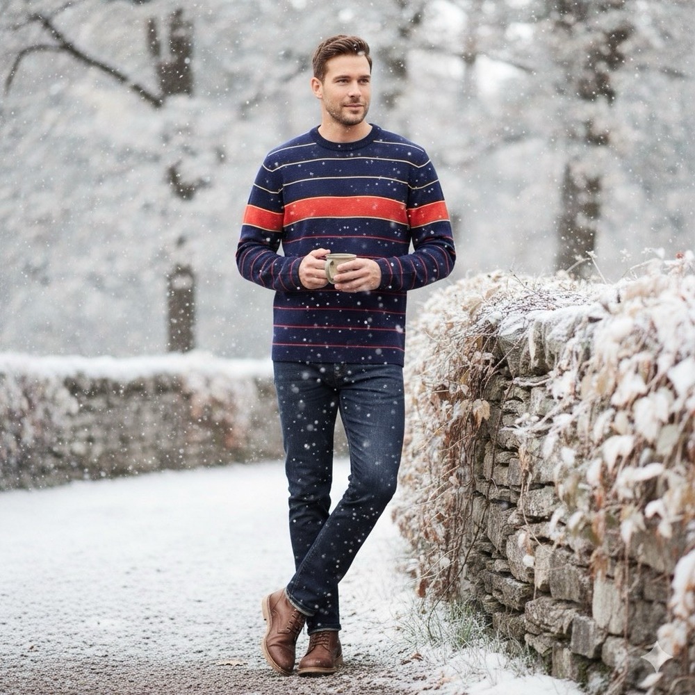 Vintage Meister 100% Wool Striped Sweater – Made in Hong Kong – Navy/Red/Yellow